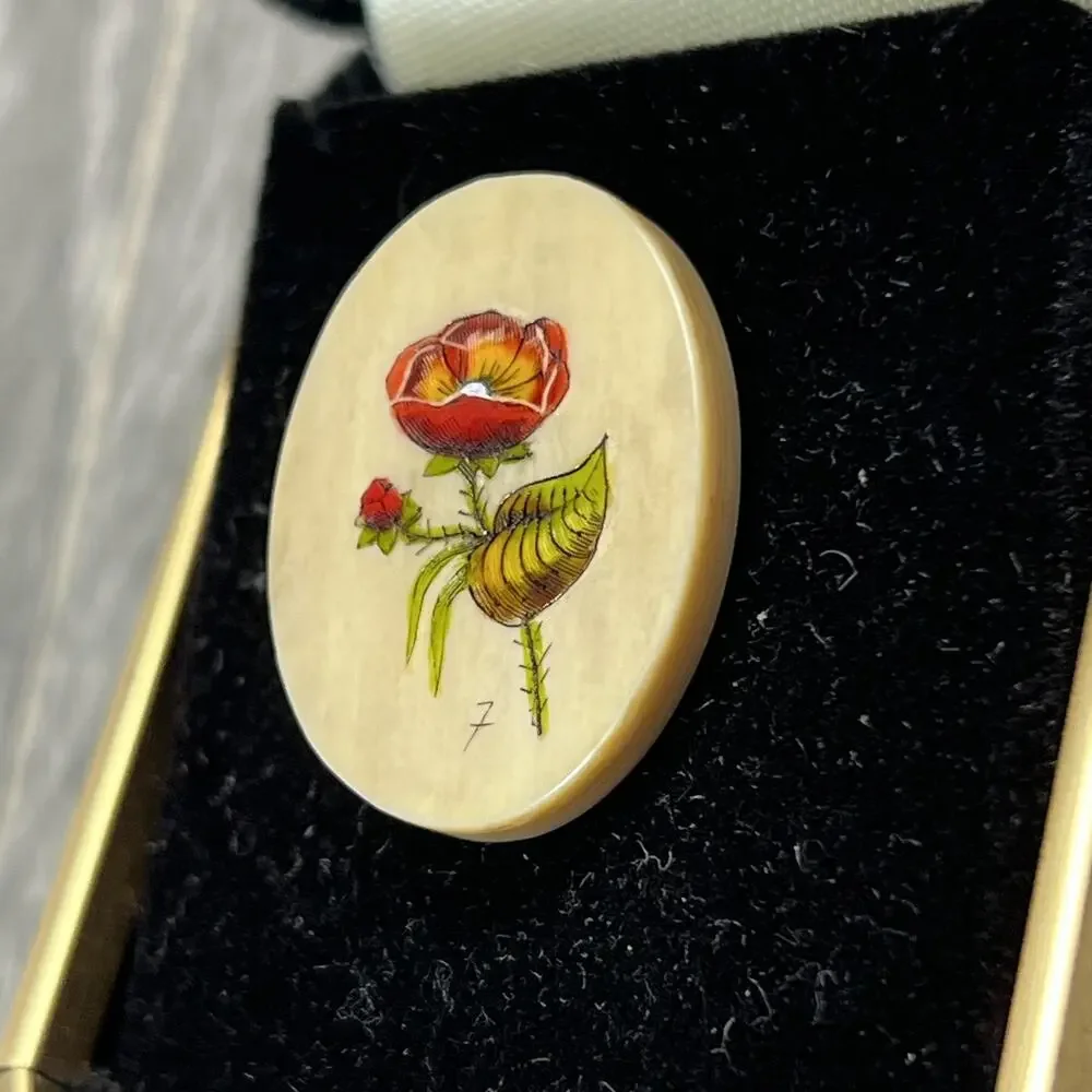 Hand Painted Floral Oval Brooch Pin Signed‎ 7 Gold Tone Back Spouting Whale Box